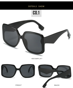 Three-angle view of oversized square black sunglasses showing front, back and side details
