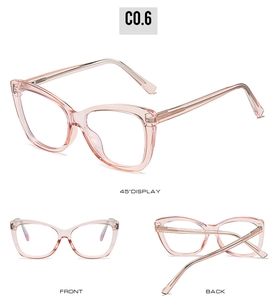 Transparent pink TR90 cat eye glasses frames showing front back and side views