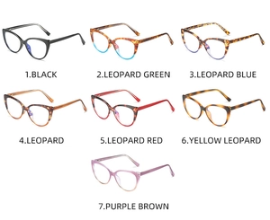 Collection of retro TR90 cat eye eyeglass frames in seven diverse leopard patterns