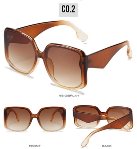 Detail view of square gradient brown sunglasses with 45-degree, front, and back angles