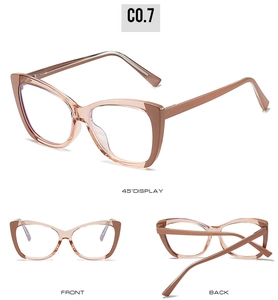 Detailed views of TR90 cat-eye blue light blocking glasses in pink and brown frames
