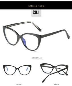 Detailed multi-angle views of retro TR90 cat-eye glasses frames in polished black finish