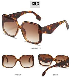 Detailed views of square tortoiseshell sunglasses with brown gradient lenses and wide temples