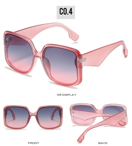 Detailed views of pink square sunglasses with blue to pink gradient lenses from 3 angles