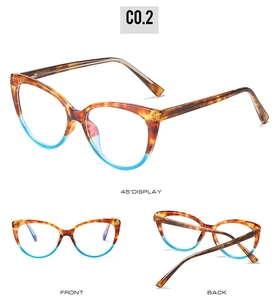 Detail view of retro cat-eye glasses with tortoiseshell top and blue transparent frame