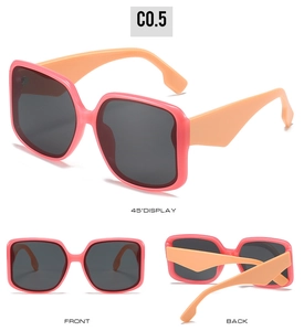 Three perspectives of pink and orange square oversized sunglasses with dark lenses