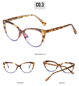 Detailed views of TR90 cat-eye frames with tortoise shell and gradient purple finish