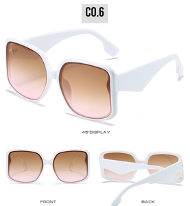 Detailed views showing the white square frame and tea pink gradient lenses of these sunglasses