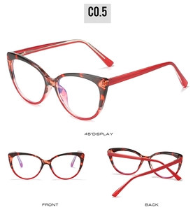 Three views of red tortoise cat eye TR90 glasses frames including front and side display