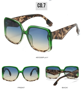 Green square frame sunglasses with leopard temples and gradient blue lenses in three views