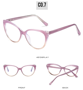 Detailed views of vintage cat-eye TR90 frames with purple gradient and metal core