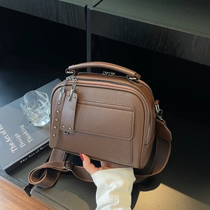 Brown litchi grain leather satchel with wide strap and double zippers for women