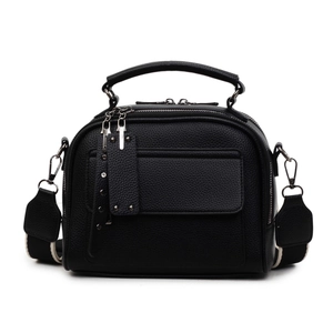 Black pebbled leather crossbody bag with wide monochrome strap and rivet tags