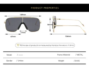 Tableau des tailles détaillé pour lunettes de soleil masque carrées à monture métal