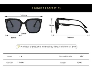Size chart for square unisex sunglasses showing PC frame dimensions and 142mm total width
