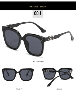 Detailed views of square oversized sunglasses with silver metal hinge accents and grey lenses