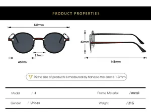 Detailed size specifications for classic round metal frame unisex sunglasses
