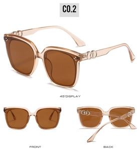 Macro detail of oversized square sunglasses featuring champagne frames and gold CD metal hinges