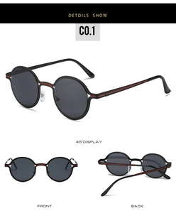 Detail view of round retro sunglasses with black frames and red stripe accents from multiple angles