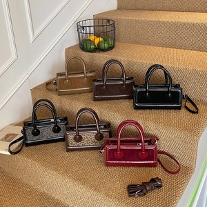 Vintage Square Crossbody Bag Leopard Print PU Leather Suede Stitching Double Handle Detachable Strap Handbag Women