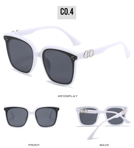 Multiple views of square white frame sunglasses with metal hinge detail and dark lenses