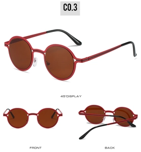 Three-view display of vintage round red sunglasses with brown lenses and metal temples
