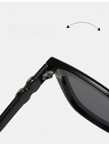 Macro shot of durable metal hinge on black square sunglasses with reinforced screws