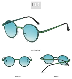 Three-way view of green round frame sunglasses with blue gradient lenses and black tips