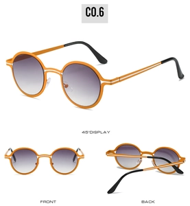 Three views of round orange sunglasses with grey gradient lenses showing 45-degree, front and back