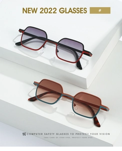 Detail view of stylish square two-tone frames with gradient lenses on geometric cubes