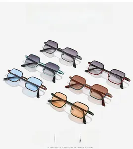 Array of stylish small square sunglasses in various vibrant colors and gradient lenses