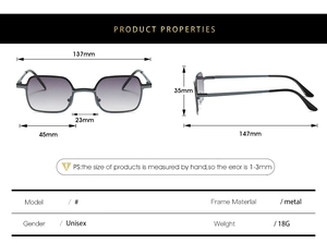 Detailed size chart for retro small square frame sunglasses with metal frame and grey lenses