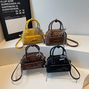 Vintage Women Boston Handbag PU Leather Suede Stitching With Bowknot And Plaid Ribbon Scarf Crossbody Shoulder Bag