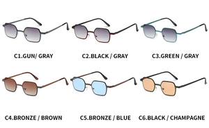 Collection of small square retro sunglasses in six different metal frame and lens colors