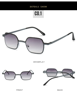 Three views of small square sunglasses showing front, back and 45-degree metal frame angles