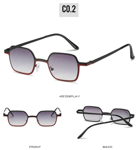 Three views of square frame sunglasses with black and red frame and gradient lenses