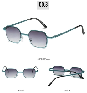 Detailed multi-angle view of teal square sunglasses with gray gradient lenses