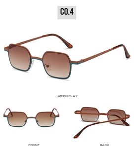 Three-way view of retro small frame sunglasses showing front, back, and 45-degree angle
