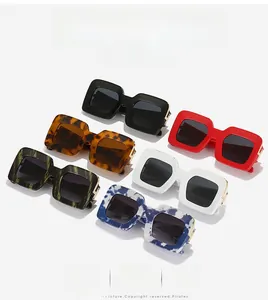 Detailed grid of vintage square sunglasses in six assorted leopard and solid colors