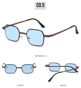 Three-way view of retro small square sunglasses in bronze finish with blue lenses