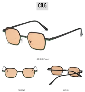 Detailed multi-angle views of retro square sunglasses with orange lenses and black frame
