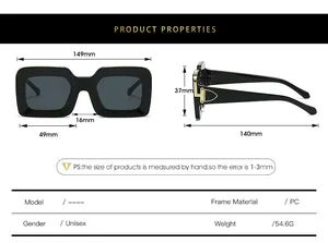 Detailed size chart for retro square sunglasses with PC frame and gold metal accents