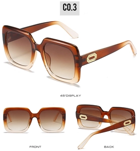 Détails de lunettes de soleil carrées dégradées avec charnières dorées sous plusieurs angles