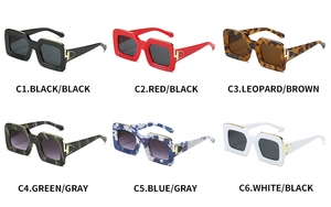 Detail view of oversized square sunglasses in six assorted colors and leopard patterns