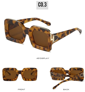 Tortoiseshell square sunglasses with gold metal triangle hinge accents in three-view display