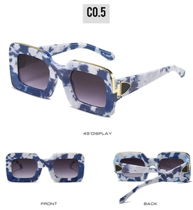 Detailed multi-angle view of square oversized sunglasses with blue marble effect frames