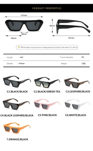 Detailed size chart for unisex square frame sunglasses with seven color variants
