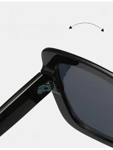 Gros plan détaillé des charnières métalliques durables sur lunettes de soleil noires carrées