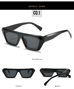 Detailed multi-angle views of square flat top black frame sunglasses with resin finish