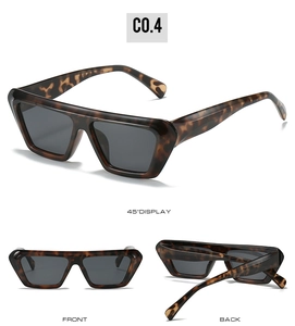Three-view display of tortoise pattern square frame sunglasses with dark gray lenses